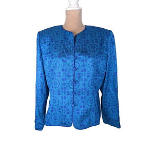 VTG Adrianna Papell Silk Jacket Sz 14 Blue Medallion Paisley Old Money Luxury